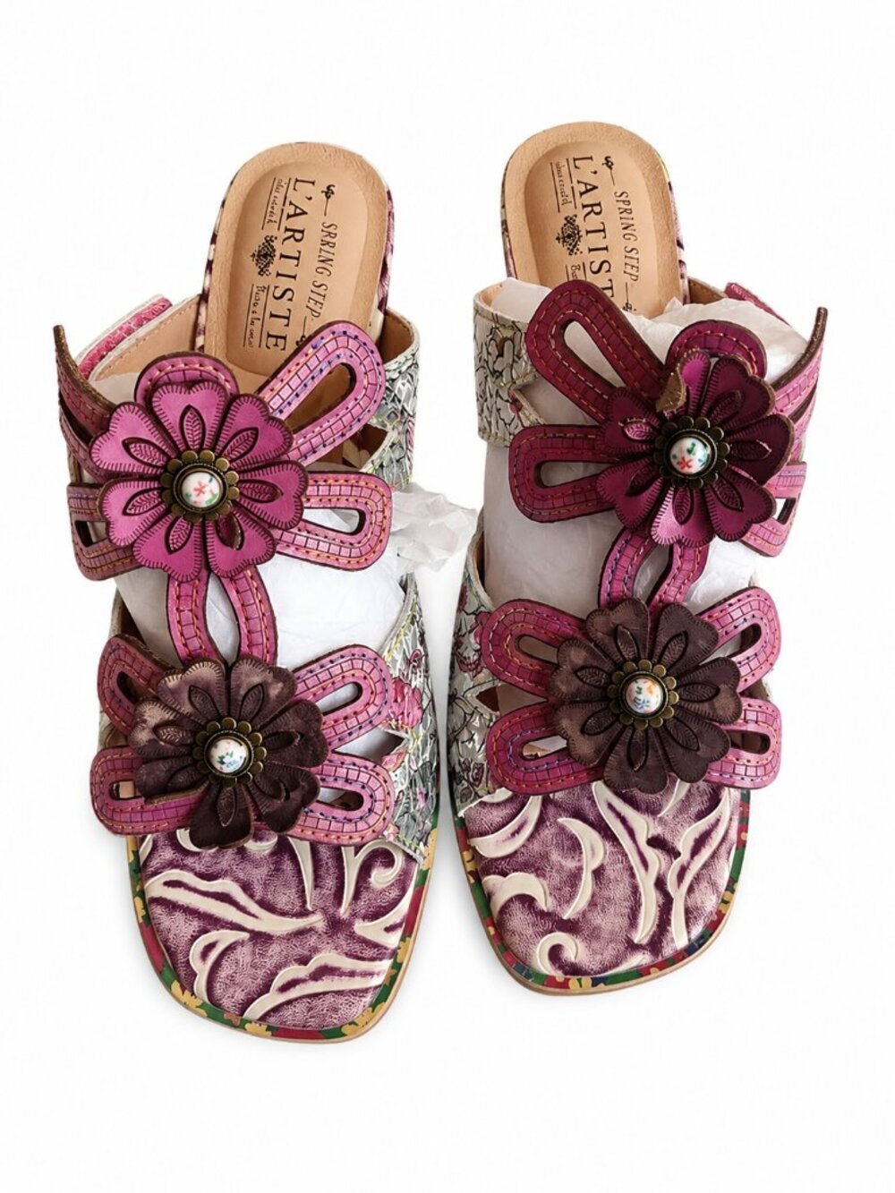 L'Artiste Alania Pink Hand Painted Leather Floral Heeled Slide Sandals EU 38